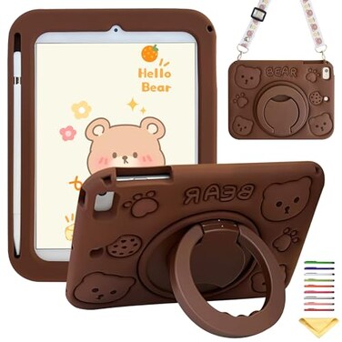 UUcovers Kids Case for iPad 9th8th7th Gen 102 202120202019iPad Air 3rd Gen 2019iPad Pro 105 2017 360 Rotating Ring Handle Stand Cover with Pencil HolderShoulder Strap Brown Bear