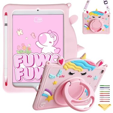 UUcovers Kids Case for iPad 6th5th Generation iPad 97 inch Case 20182017 iPad Air 1 360 Rotating Handle Stand Cute Kawaii Soft Silicone Cover with Pencil HolderShoulder Strap Pink Unicorn
