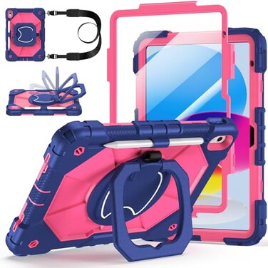 Auorld Case for iPad A16 11th Generation 11 Inch 2025 for iPad 10th Generation 109 inch 2022 case with Screen Protector 360 Degree Rotating Stand Shoulder Strap Pencil Holder Navy Pink