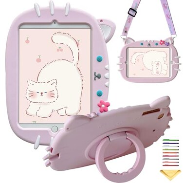 UUcovers Kids Case for iPad 9th8th7th Gen 102 202120202019iPad Air 3rd Gen 2019iPad Pro 105 2017 360 Rotating Ring Handle Stand Cover with Pencil HolderShoulder StrapPink Flower Cat