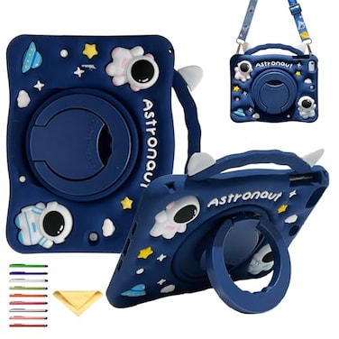 UUcovers Kids Case for iPad A16 11th Gen 11 2025iPad 10th Generation 109 inch 2022 360 Rotating Ring HandleStand Case with Pencil HolderShoulder Strap Girl Boy Cute Soft Cover Blue Astronaut