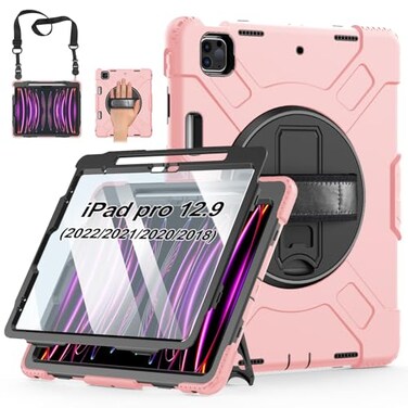 Miesherk STOCK Case for iPad Pro 129 20222021 20202018 Cover for iPad Pro 129 6th 5th 4th 3rd Generation with Screen Protector Stand Pencil Holder Handle Shoulder Strap Pink