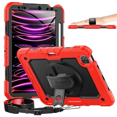 Timecity Case for iPad Pro 11 inch 4th3rd2nd1st Generation 2022202120202018 Heavy Duty Protective Case with Screen Protector Swivel Stand HandShoulder StrapPencil Holder Case Red