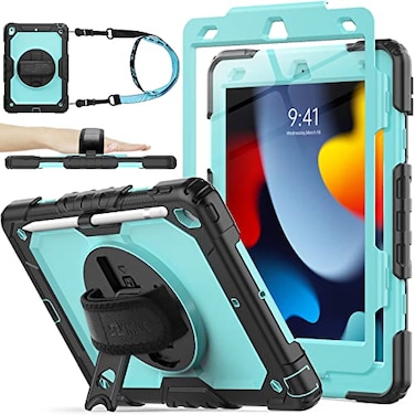 SEYMAC stock Case for iPad 9th 8th 7th Generation 102 Shockproof with Screen Protector Pencil Holder 360 Rotating Hand Strap Stand for iPad 102 inch 20212019 SkyBlueBlack