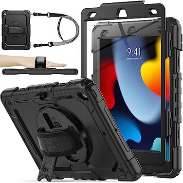 SEYMAC stock Case for iPad 9th 8th 7th Generation 102 Shockproof with Screen Protector Pencil Holder 360 Rotating Hand Strap Stand for iPad 102 inch 20212019 Black