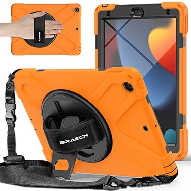 BRAECNstock for Apple iPad 9th 8th 7th Generation Case 102 202120202019 Shockproof Protective iPad 102 inch Kids Case with Screen Protector Rotating StandHand Strap Shoulder Strap Orange