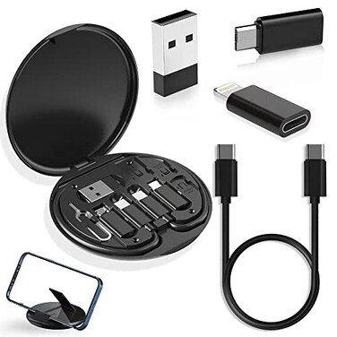 YANZIE USB Adapter Kit Travel Charging Organizer Case with USB C Micro USB and LightningCompatible Adapters SIM Card Holder Eject Pin and Phone Stand for Travel Office and Car Black