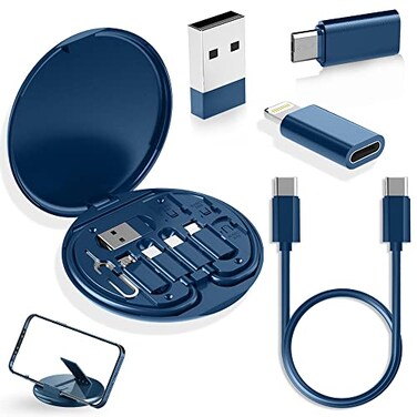 YANZIE USB Adapter Kit Travel Charging Organizer Case with USB C Micro USB and LightningCompatible Adapters SIM Card Holder Eject Pin and Phone Stand for Travel Office and Car Blue