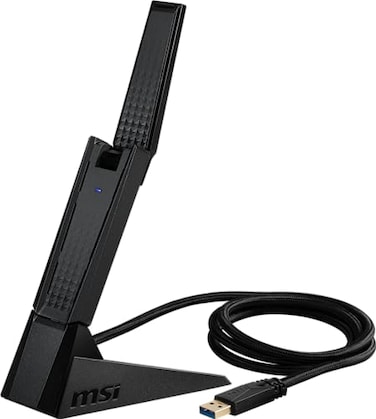 MSI AXE5400 WiFi 6E USB Adapter WLAN up to 5400 Mbps 6GHz 5GHz 24GHz Wireless USB 32 Gen 1 MUMIMO 2X HighGain TriBand Antennas Beamforming WPA3 Cradle Included