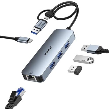BENFEI USBC to Gigabit Ethernet Adapter with 3Port USB 30 Hub RJ45 Network Adapter Compatible with MacBook ProAir iPad Pro iMac Galaxy S23 XPS 17 Surface Book 3