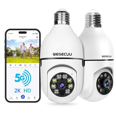 WESECUU Light Bulb Security Camera 5G 24GHz WiFi 2K Security Cameras Wireless Outdoor Motion Detection and AlarmTwoWay TalkColor Night VisionHuman Detection Bulb Camera Compatible with Alexa
