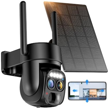 hawkray cams Hawkray Pannel Solar Wireless Outdoor Security Camera DualLens 10xZoom 2K Resolution 3MP 360PanTilt245G WiFi Battery Powered Camera with Spotlight Alarm PIR Motion Detection