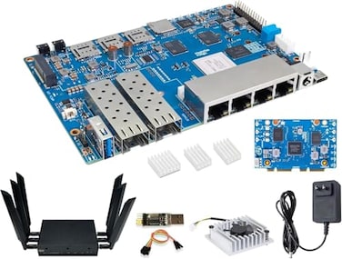 WayPonDEV Banana Pi BPIR4 WiFi 7 Wireless DualBand WiFi Router Board OpenWRT with MediaTek MT7988A Filogic 880 SoC Support 2X 10GbE SFP and 4X GbE Gigabit Ethernet for NAS Smart Home Gateway Bundle3