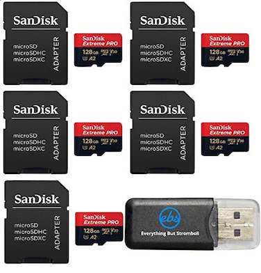 Everything But Stromboli SanDisk 128GB Micro SDXC Extreme Pro Memory Card Five Pack Works with GoPro Hero 7 Black Silver Hero7 White UHS1 U3 A2 Bundle with 1 Micro Card Reader