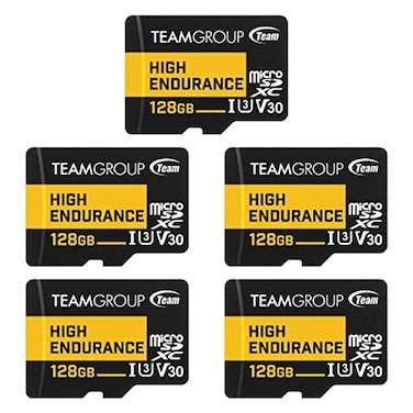 TEAMGROUP HIGH Endurance 128GB 5 Pack Micro SDXC UHSI U3 V30 100MBs Designed for Monitoring Stable Durable Long Lasting Flash Memory Card Security Camera 4KFull HD Video Recording THUSDX128GIV3068