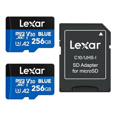 Lexar 256GB 2 Pack Blue Micro SD Card Up to 160MBs microSDXC UHSI Memory Card with SD Adapter C10 U3 A2 V30 Full HD 4K UHD High Speed TF Card