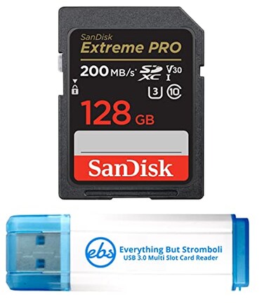 Everything But Stromboli SanDisk Extreme Pro 128GB SDXC UHSI Card Works with Canon Mirrorless Camera EOS R6 II SDSDXXY128GGN4IN Class 10 U3 Bundle with 1 30 Micro SD Memory Card Reader