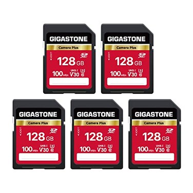 GIGASTONE 128GB SD Card 5Pack Camera Plus UHSI A1 V30 U3 SDXC Memory Card High Speed UHD Video Compatible with Digital Camera with 5 Mini Cases