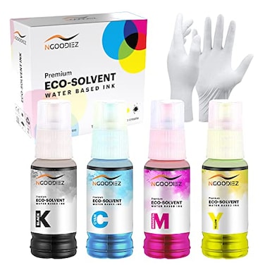 NGOODIEZ Eco Solvent Ink AutoFill Water Based Ink Conversion Kit Refill Ink for Epson EcoTank Workforce Printers Ideal for HTV Vinyl Stickers Decals TShirts Mugs 1B1C1M1Y 4x70ml