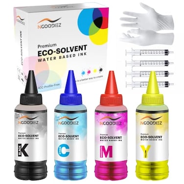 NGOODIEZ Eco Solvent Ink Water Based Printer Ink Fast Drying Refill Ink Bottle for Epson EcoTank WF Series Printers Ideal for HTV Vinyl Stickers Decals TShirts Mugs 1B1C1Y1M 400ml