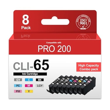 Vowdicua CLI65 High Capacity Ink Cartridges for PRO 200 Printer 8PK Compatible Replacement for CLI65 CLI 65 Ink Cartridge with PRO200 PRO200S Printers 1BK 1C 1M 1Y 1PM 1PC 1GY 1LGY