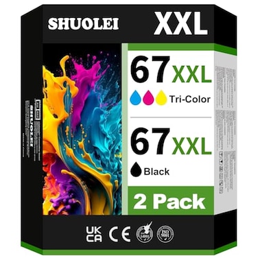 SHUOLEI 67XL BlackColor Ink Cartridges 2 Pack Replacement for HP DeskJet 2855e 4255e 4155 2755e 4110e 2720e 2722 Envy 6055e 6458e 6010e 6020e Envy Pro 6455e 6475 Printer HighYield Inkjet