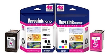 VersaInknano HP 65 MS MICR Black Ink Cartridge for Check Printing VersaInkNano 65 CS TriColor Ink Cartridge Combo Pack