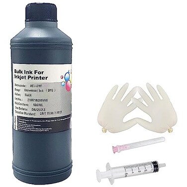 AYMSous Black Ink Universal Refill Ink Kit Dye Ink 500ml Work for Canon HP Epsn Brother Injet Printers Refillable Cartridge CISS CIS System 169 oz with Syringe Glove