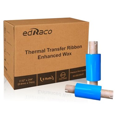 Edraco 8 Rolls Desktop Thermal Transfer Ribbons Enhanced Wax 252 x 24464mm x 74m 05 Core for Zebra Desktop Printer