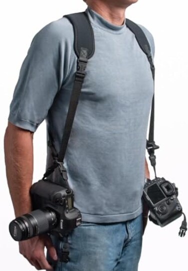 OP/TECH USA OPTECH USA Dual Camera Harness Neoprene Shoulder Harness for Two Cameras Comfortable Adjustable DSLRSLR Strap System with QuickRelease Connectors Black Made in USA