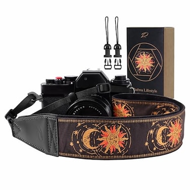 Padwa Lifestyle Helios Moon God Camera Strap 2 Full Grain Leather Ends Camera Straps for Photographers Vintage Embroidered Cotton Weave Soft Suede Fabric Padded Strap Quick Release fits All Cameras