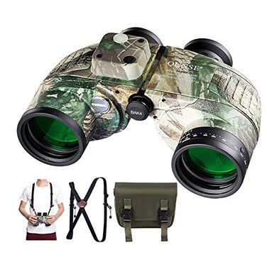 QUNSE 10X50 Marine Binoculars for Adults Waterproof with Rangefinder Compass BAK4 Prism Navigation Birdwatching Hunting Camouflage
