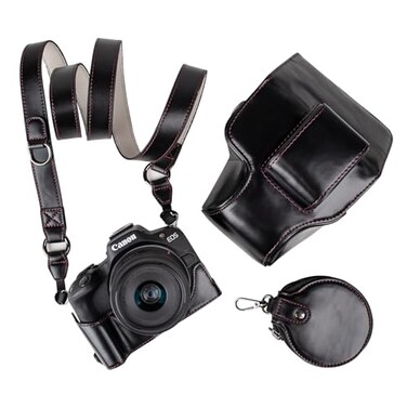 MUZIRI KINOKOO Protective Case for Canon EOS R50R100 Camera and 1845mm Lens PU Leather EOSR50 R100 Camera Bag Including Half Case Flip Cover Shoulder Strap and Storage Pocket Black