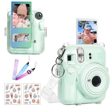 CAIYOULE Mini 12 Clear Case Protective Camera Case Compatible For Fujifilm Instax Mini 12 Rigid PC Camera Case with Photo Storage with 2 Straps and Stickers No Camera