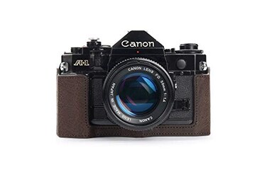 BolinUS A1 Case Handmade Genuine Real Leather Half Camera Case Bag Cover for Canon New AE1 AE1P A1 with Handle Camera with Hand Strap Coffee
