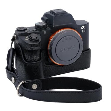 Bowan for Sony a7 III ILCE7M3B Camera CaseHandmade Genuine Real Leather Half Camera Case Bag Cover for A7 Mark III A7R III A9 A7 II A7R II Camera Bottom Opening Version Hand Strap Black