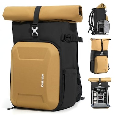 TARION Rolltop Camera Backpack with Hardshell Large Camera Bag with 16 inch Laptop Sleeve and Quick Side Access Urban DSLR Photography Backpack with Waterproof Raincover Tripod Holder Gold XH