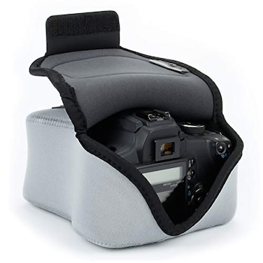 USA Gear Camera Sleeve Medium for Compact SLRs Compatible with Canon EOS R100 Nikon Z30 Sony ZVE10 and more Padded Neoprene DSLR Case with Zipper Accessory Pocket Belt Loop Gray