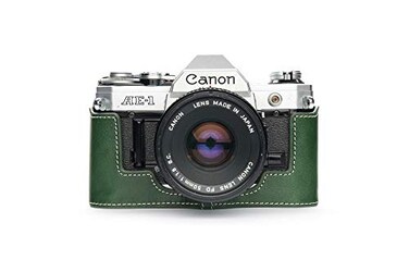 BolinUS A1 Case Handmade Genuine Real Leather Half Camera Case Bag Cover for Canon AE1 A1 NO Handle Camera with Hand Strap Green