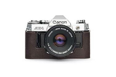 BolinUS A1 Case Handmade Genuine Real Leather Half Camera Case Bag Cover for Canon AE1 A1 NO Handle Camera with Hand Strap Coffee