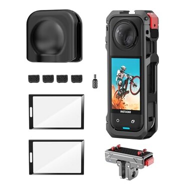 debous Insta 360 X5 Quick Release Aluminum Metal Frame Cage Bag Case with Silicone Lens Cap Screen Protector for Insta360 X5 X 5 Camera Accessories Kit Multiuse Mount Clamp Adapter