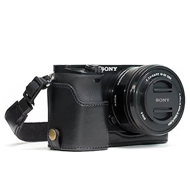 MegaGear MG960 Sony Alpha A6300 A6000 Ever Ready Leather Camera Half Case and Strap with Battery Access Black