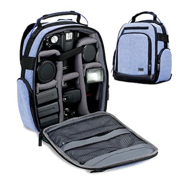 USA Gear Portable Camera Backpack for DSLR with Customizable Accessory Dividers Weather Resistant Bottom and Comfortable Back Support Compatible with Canon Nikon Sony Fujifilm and More Blue