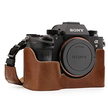 MegaGear MG1244 Sony Alpha A7RIII A9 A7III Ever Ready Genuine Leather Camera Half Case and Strap Brown