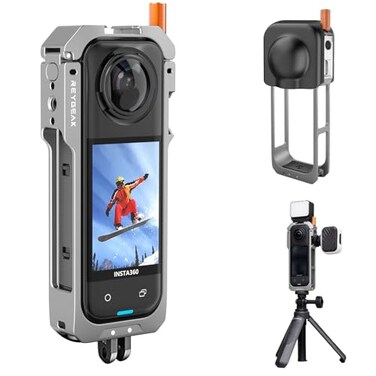 REYGEAK for Insta360 X5 Utility FrameAluminum Camera Cage for Insta360 X5Protective Case with Silicone Lens CoverProtective Case with 14 Thread Folding Fingers for Inst 360 Accessories