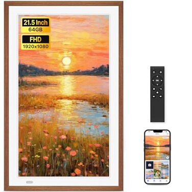 WONNIE Uhale 215 Large Digital Picture Frame WiFi Wood with Remote Control 1920 x 1080 FHD IPS No Touch Screen Electronic Photo Frames Wall Mount with 64GB Support SD USB Share Photos Videos Instantly