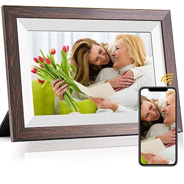 Weipan Frameo 101 Inch WiFi Digital Picture Frame with Frameo App IPS Touch Screen HD Electronic Digital Photo Frame Share Photos Videos Instantly AutoRotate Digital Picture Frame Brown Wood