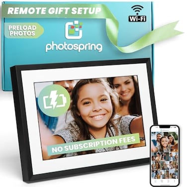 PhotoSpring wBattery 10in WiFi Digital Frame No Subscription Email App Web USA Company 32gb Touch Screen Play Videos up to 5 mins