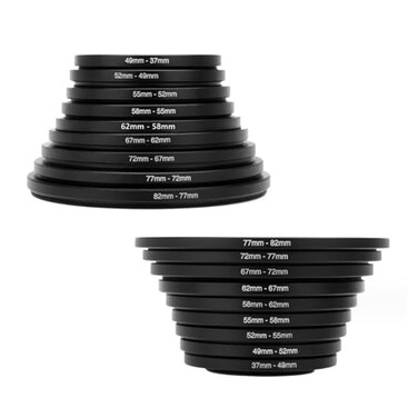 Besvalo Filter Ring Adapter Set 18 Pieces Camera Lens Filter Stepping Rings Kit Lightweight and Durable Aluminum 9 Pcs Step Up Rings Set and 9 Pcs Step Down Rings Set Black