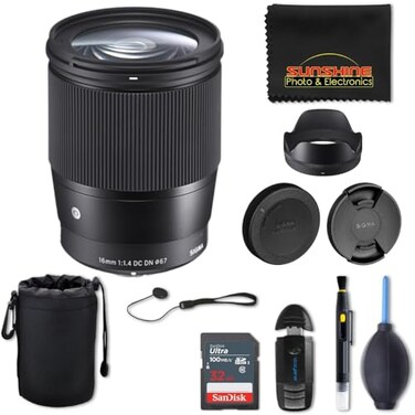 Sigma 16mm f14 DC DN Contemporary Lens for Sony E with Sunshine Photo Advanced Bundle